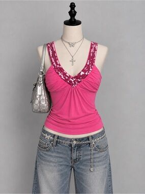 Candy Couture hot pink sequin-trim babydoll tank top (Size M)